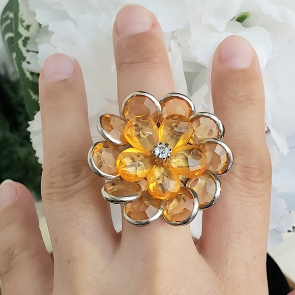 Vint Orange Marmalade Flower Power Ring FS Rhinestone Center 1.5 x 1.5 - Picture 2 of 9